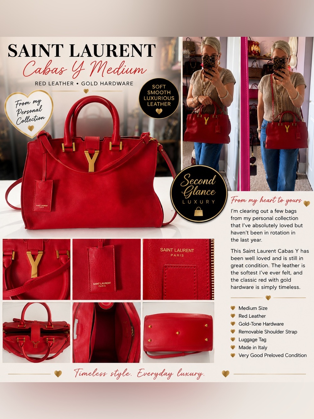 Saint Laurent Red Leather Cabas Y Medium Tote with Gold-Tone Hardware - Picture 2 of 15